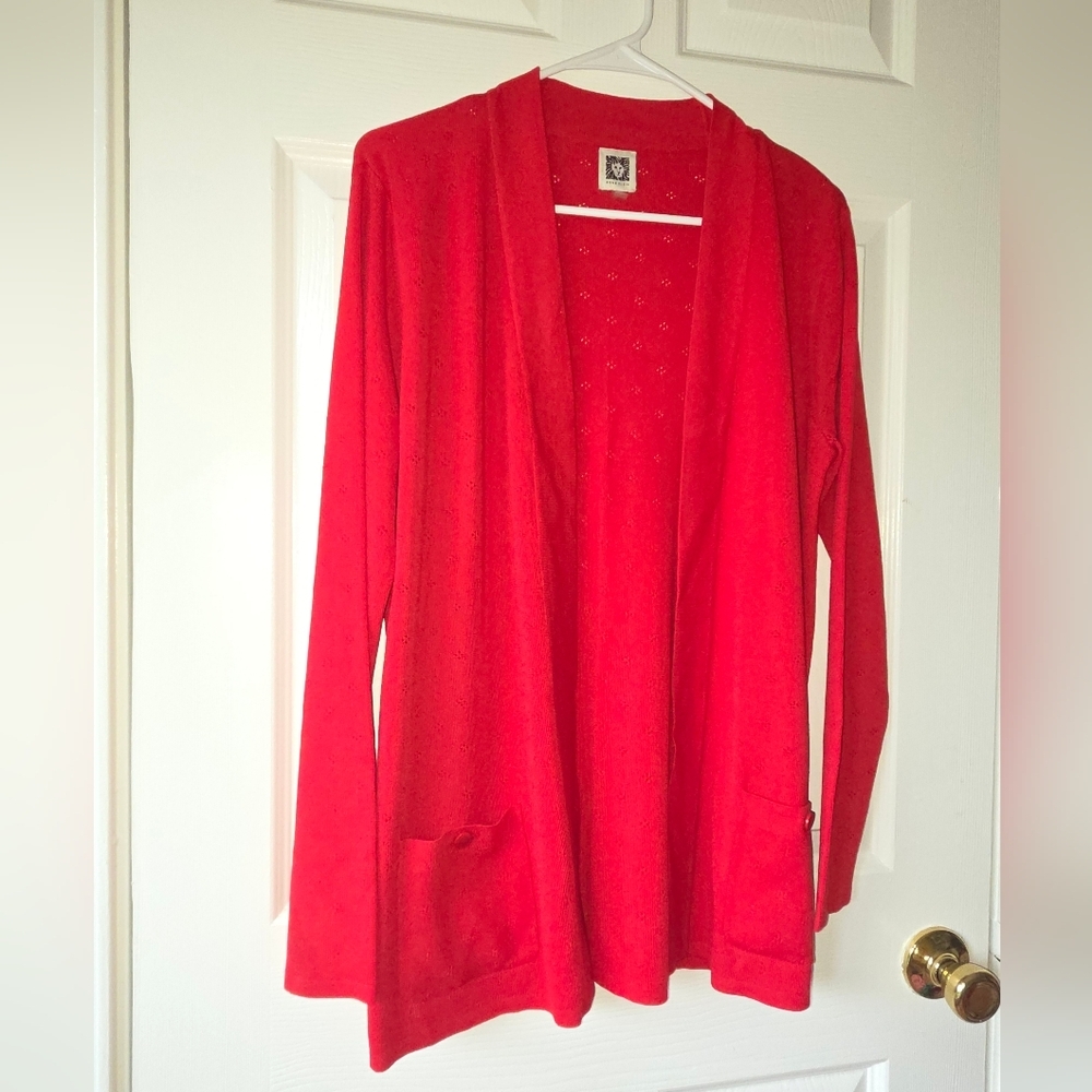 Anne Klein Red Cardigan M Dobby Pin Dot Floral Pattern